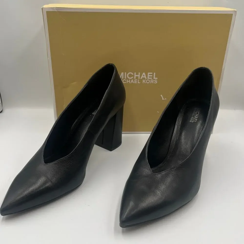 Michael Kors MK Pumps Cambria Pointed Toe Block Heel Black Leather Size 8.5 M